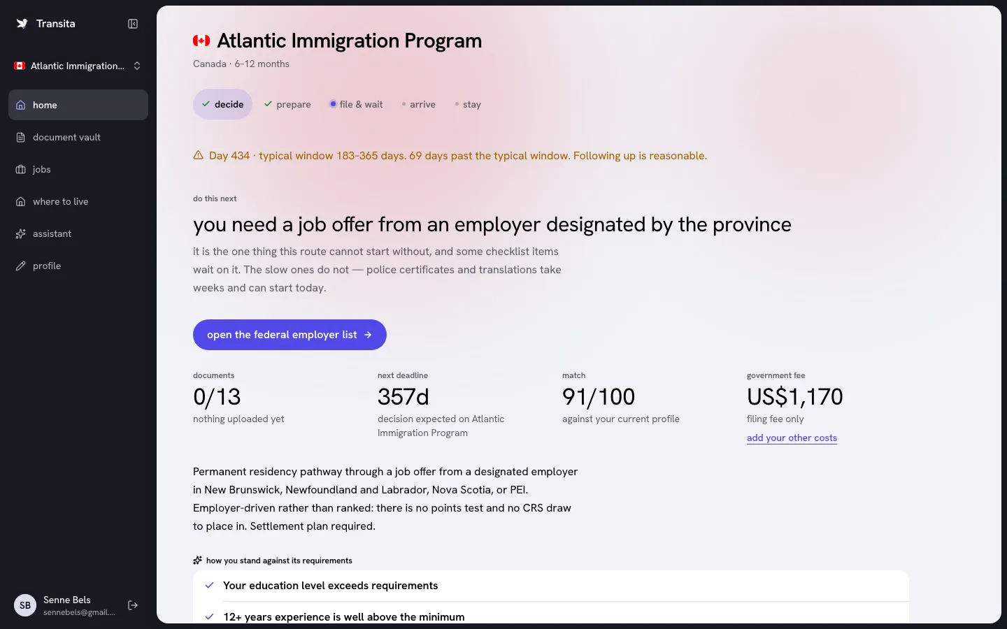 A tracked visa pathway in the Transita workspace, with its next action, filing countdown and document checklist.